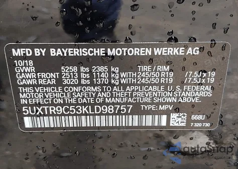 2019 BMW X3 xDrive30I from USA, damaged, VIN 5UXTR9C53KLD98757